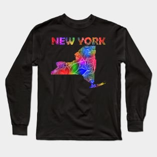 Colorful mandala art map of New York with text in multicolor pattern Long Sleeve T-Shirt